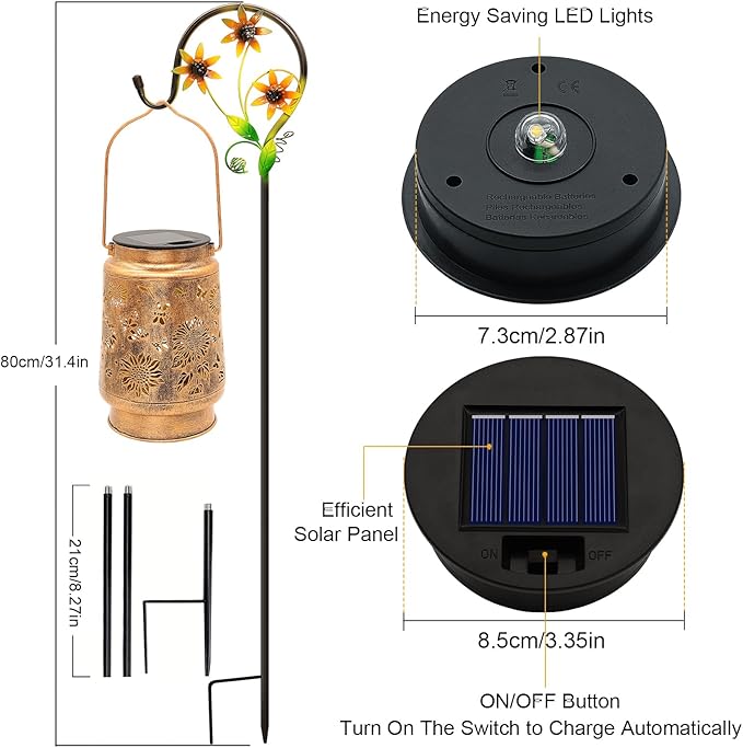 2 Pack Sunflower Solar Lanterns Garden Decor Gifts for Women Mom Grandma Birthday Metal Hanging Solar Lights Outdoor Waterproof LED Decoration with Shepherd Hook Outside for Yard Patio Lawn Porch