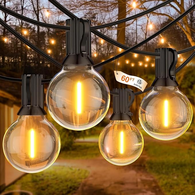GLUROO 60FT Outdoor String Lights LED Patio Lights with 32 Bulbs Waterproof 2700K Warm White for Outside Backyard Yard Gazebo Deck Porch