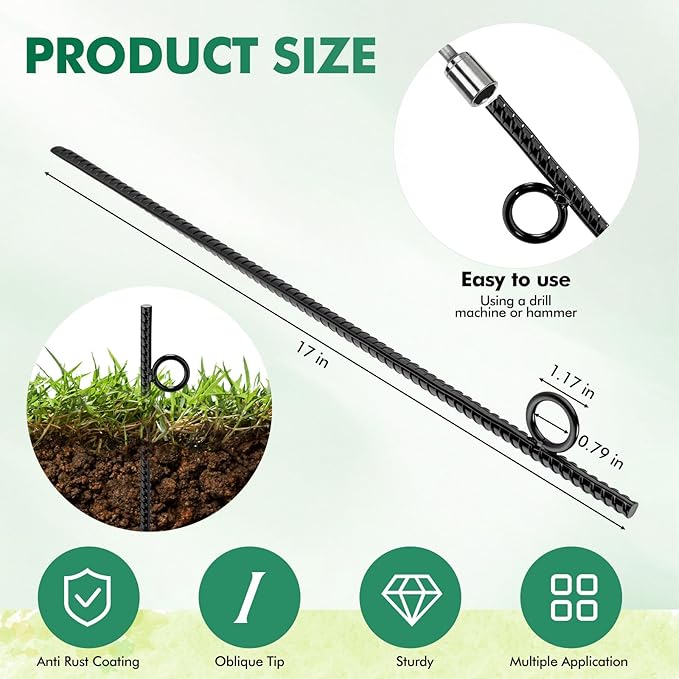 24 Pack 17 Inch Rebar Stakes with Loop Heavy Duty Ground Anchor Black Steel Ground Stake Reusable Tent Rebar Tent Stakes for Sheds Outdoor Camping Walkway Fence Canopies