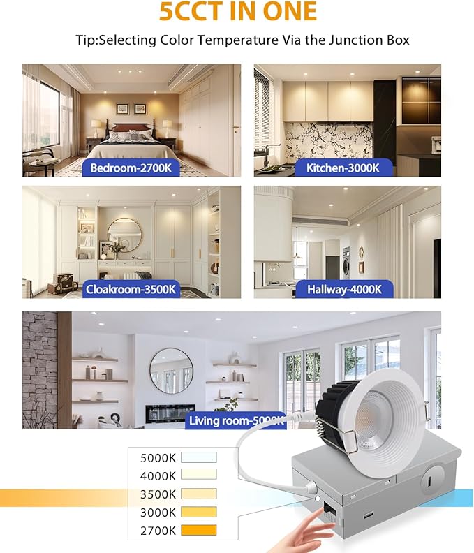 Adetu 3 Inch 5CCT Anti-Glare LED Downlight with Junction Box 2700K/3000K/4000K/5000K Selectable CRI90+ 12W COB 1160LM IP65 Waterproof Dimmable-ETL and Energy Star Certified (White12 Pack)