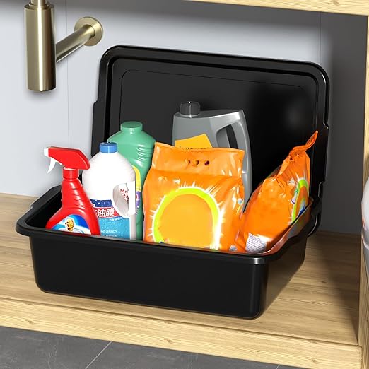 13 L Plastic Bus Box with Lid Commercial Bus Tub Black 3 Packs