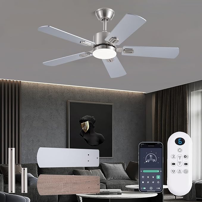 42 inch Modern Ceiling Fans with Lights APP/Remote Control Low Profile Reversible 6 Speeds Dimmable Ceiling Fan Light for Indoor/Outdoor Bedroom Living Room（Nickel）