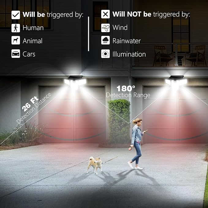 AmeriTop Solar Lights Outdoor 2 Pack 300 LED High Brightness Cordless Solar Motion Sensor Lights 4 Adjustable Heads320° Wide Angle Illumination IP65 Waterproof Security LED Flood Light(Daylight)
