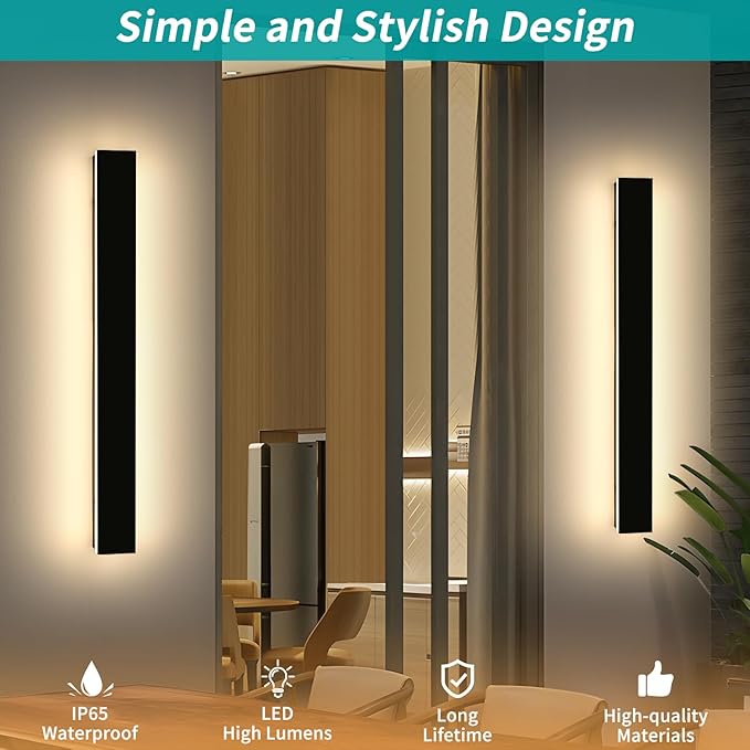 Mikeru 39.3 2Pack Outdoor Wall Sconce 3000K Warm White - IP65 Waterproof Black Exterior Light Hardwired Wall Mounted Fixture for Porch Patio &amp Entryway | Non-Dimmable Weatherproof Design