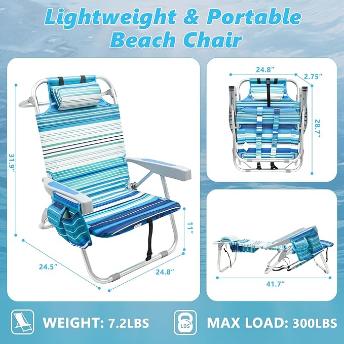 Folding Backpack Beach Chair for Adults 5-Position Aluminum Lightweight Reclining Beach Chair Low Sands Compact Chairs with Cup Holder and Padded Headrest for Lawn Patio PoolsideSupports 300lbs