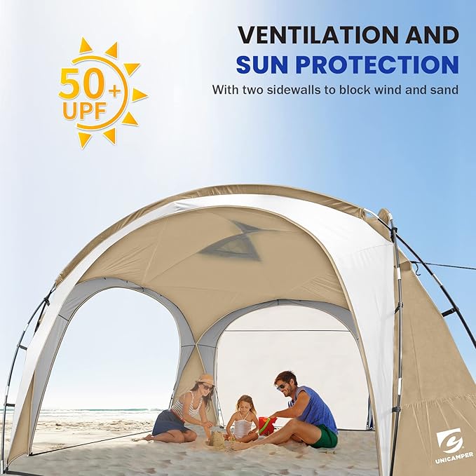 Beach Tent 12 X 12ft Large UPF50+ Pop Up Canopy with 2-Pcs Side Wall Sun Shelter Rainproof Waterproof for Camping Trips Backyard Fun Fishing Parties Or Picnics(Khaki-Upgrade)