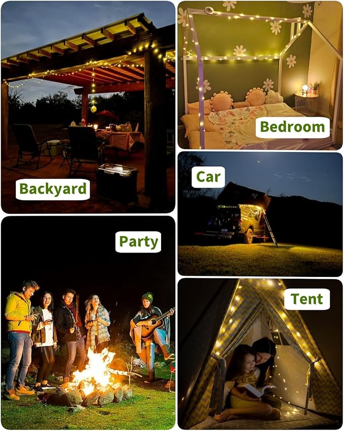 Solar Camping String Lights 39.4 FT Fairy String Light 4 in 1 Portable Waterproof Camp Lamp with 8 Lighting Modes Hanging Rechargeable Tent Lantern for Christmas Decorations Patio Party Essentials