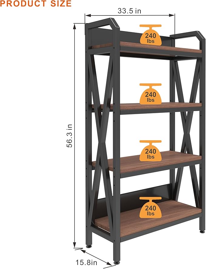 4-Tier Storage Shelf 56.3 x 33.5 x 15.8 inches Metal Frame with Wood Shelves 240 lbs Weight Capacity per Shelf