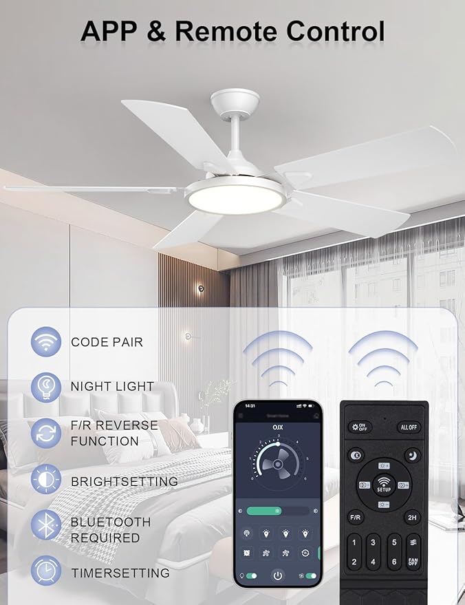 OJX Ceiling Fans with Lights 52 inch Ceiling fan with Light and Remote/APP Control 3CCT Quiet DC Reversible Dimmable Modern Black Ceiling Fa for Bedroom Living Room Kitchen Indoor/Outdoor Use