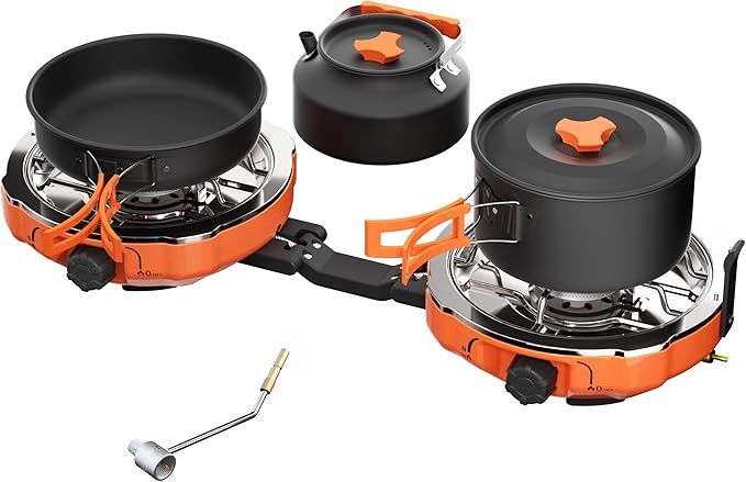 Propane 2 Burner Camping Stove Kit with Camping Cookware Outdoor Folding Propane Gas Stove Camp Portable Stove and Camping Cooking Set With 20000 Total BTUs for BBQ Tailgating Camping
