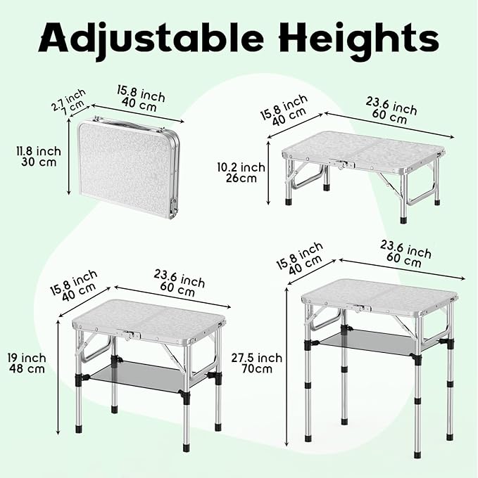 Folding Camping Table Aluminum 24 x 16 Adjustable Height Max 27.5 with Carrying Handle Lightweight Portable Camping Table for Outdoor Indoor Picnic Beach Silver