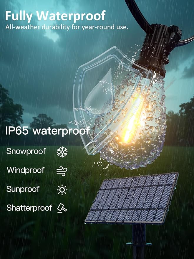 luckystyle 29FT Solar String Lights Outdoor Waterproof with 10+1 LED Bulbs Long Last for 20+Hrs Commercial Grade Shatterproof USB Patio Solar Powered Lights for CampingBackyard Garden Porch Decor