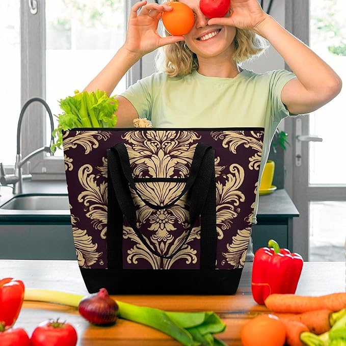 Insulated Shopping BagLarge Reusable Cooler Bags Damask Pattern Printed Foldable Shopping BagTravel Waterproof Shoulder Bag
