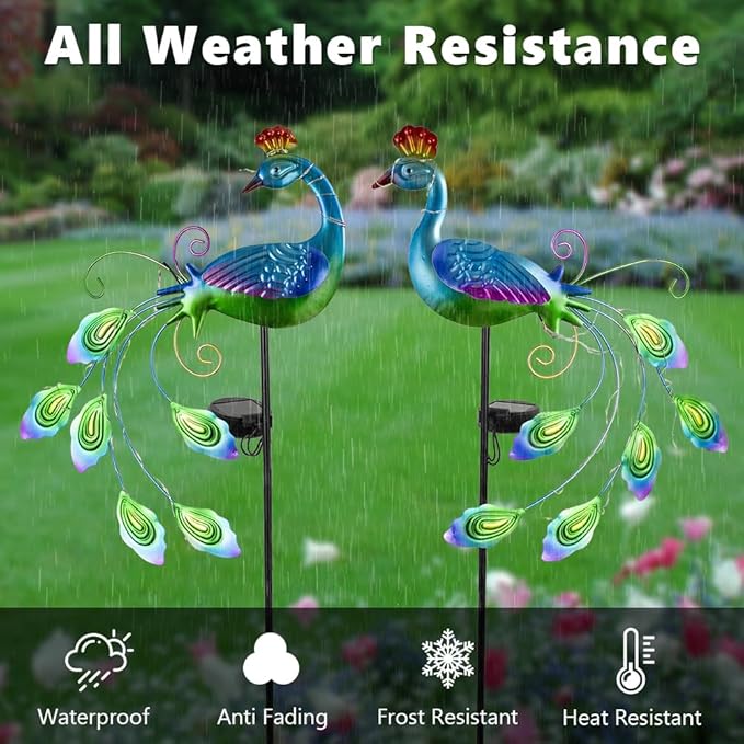 DREAMSOUL 2 Pack Metal Peacock Solar Lights Outdoor Waterproof LED Solar Lights Decorative Garden Stakes for Yard Pathway Peacock Decor