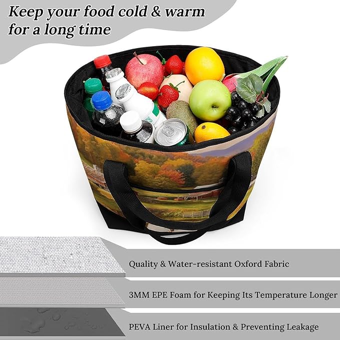 Insulated Shopping BagLarge Reusable Cooler Bags Country Farm Printed Foldable Shopping BagTravel Waterproof Shoulder Bag