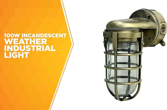 Woods L1707SVAB Traditional 100W Incandescent Weather Industrial Light Suitable for Indoor and Outdoor Use Wall Mount Metal Die Cast Construction and Tempered Glass Lens Antique Brass