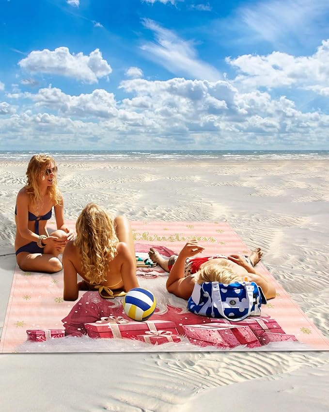 Beach Blanket Waterproof Sandproof Merry Christmas Pink Santa Claus Gift Quick Drying Beach Mat with 4 Stakes Gold Snowflake Gradient Stripe Lightweight Picnic Blanket for Travel Camping 108x84