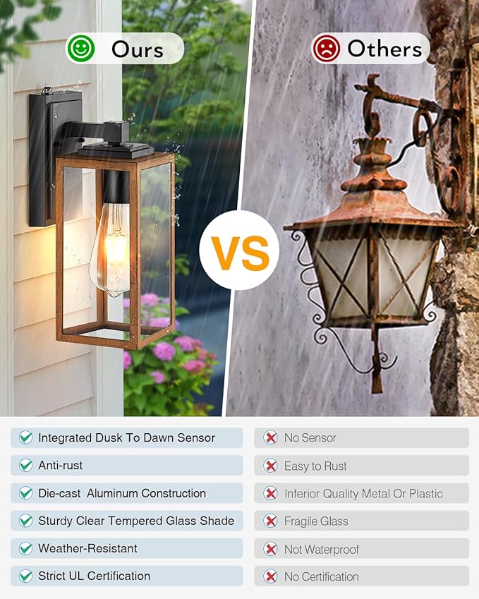 VIANIS 2 Packs Garage Light Outdoor Dusk to Dawn Outside Wall Lights Fixture for House Wood Grain Coach Lantern with Toughened Glass Farmhouse Sconce Wall Mount for Entryway Hallway Garage
