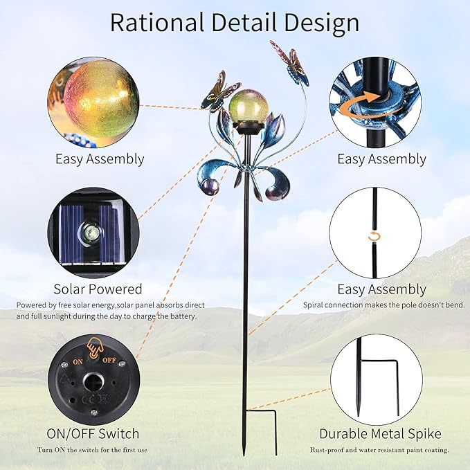 VCUTEKA Solar Lights Outdoor Metal Garden Stake Waterproof Crackle Glass Globe Garden Decor Butterfly for Pathway Lawn Patio Yard