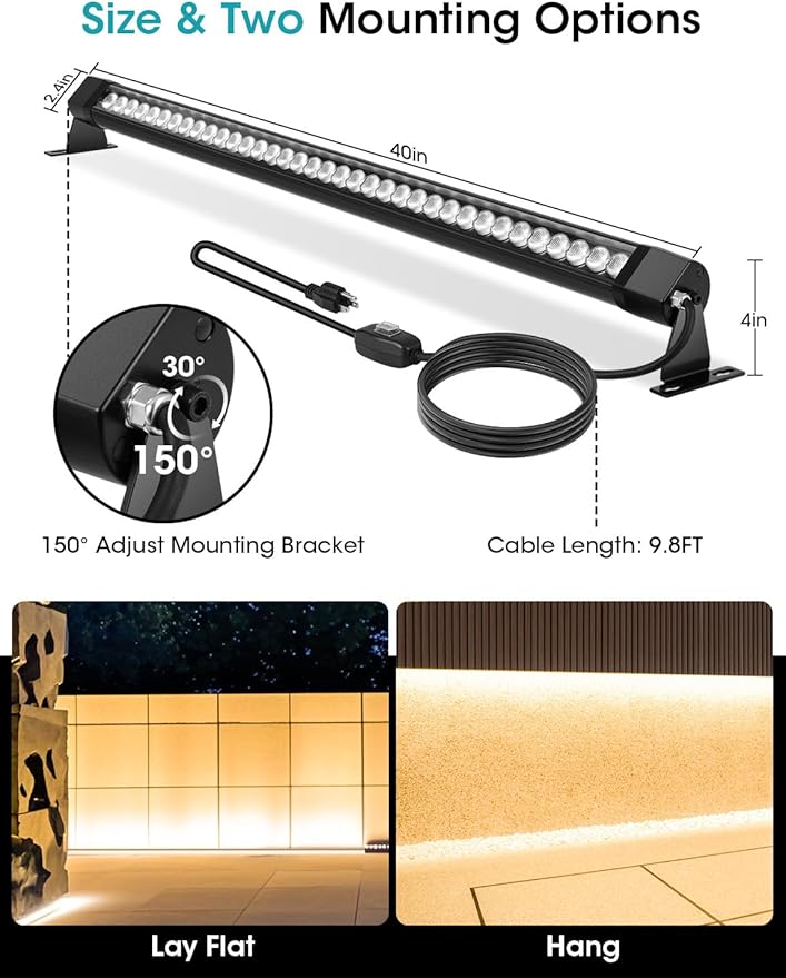 2-Pack Pro-Grade LED Wall Washer Light Bar 54W 6480LM 2700K Warm White 40-Inch IP67 Waterproof 120V Linear Outdoor LED Light Bar Landscape Lighting with On/Off Switch