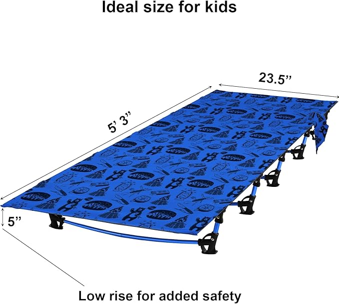 Kids Camping Cot and Toddler Travel Bed | Lightweight and Compact Cots for Sleeping | Portable Folding Cot for Toddler Kids Youth and Even Adults (Blue 63 x 23.5)