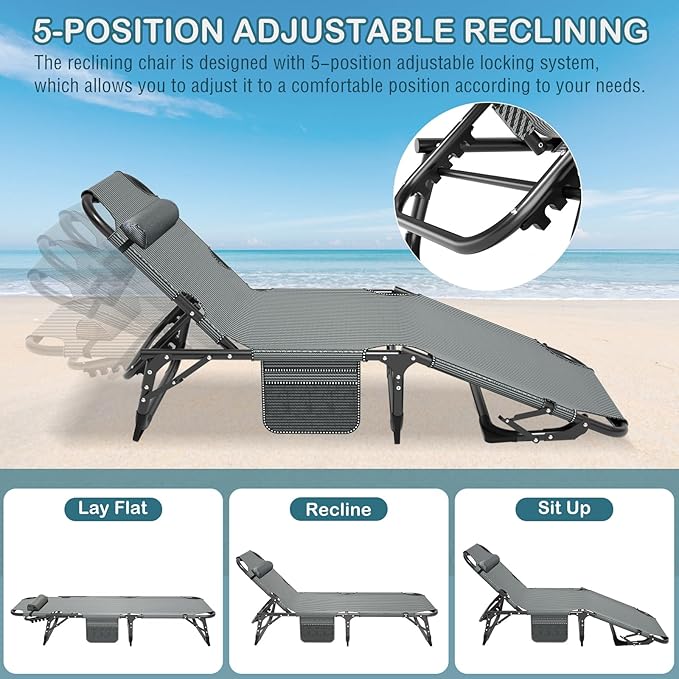 NAIZEA Folding Camping Cot W/Mat for Adults Adjustable Lounge Chair Outdoor Heavy Duty Sleeping Cot Bed Travel Camp Cots for Pool Beach Patio Sunbathing