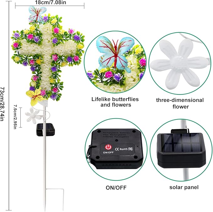 2 Pack Solar Flower Cross for Cemetery Grave Grave Decorations for Cemetery Solar Crosses Sympathy Memorial Gifts for Garden Lawn Yard Patio Decor