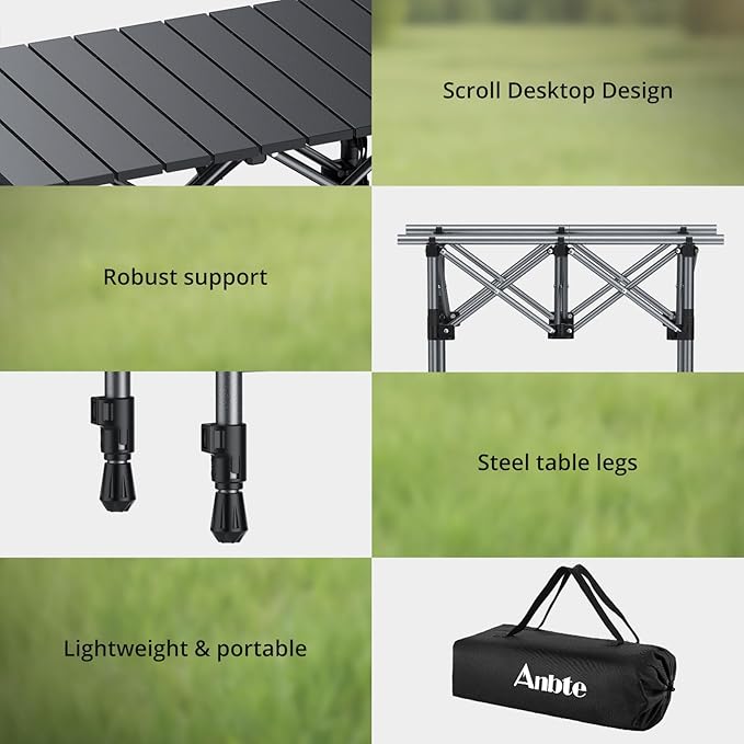 Anbte 2ft Small Roll Up Camping Table 2 Adjustable Height Aluminum Portable Camping Table with Storage Net &amp Bag Lightweight Waterproof Folding Table for Indoor Outdoor BBQ Picnic 25” X 16” Bl