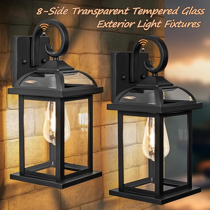 2-Pack Outdoor Wall Lights Dusk to Dawn 15 Inch Aluminum Anti-Rust Exterior Light Fixture with IP65 Clear Tempered Glass Large Outside Wall Sconce Lanterns for House Matte Black