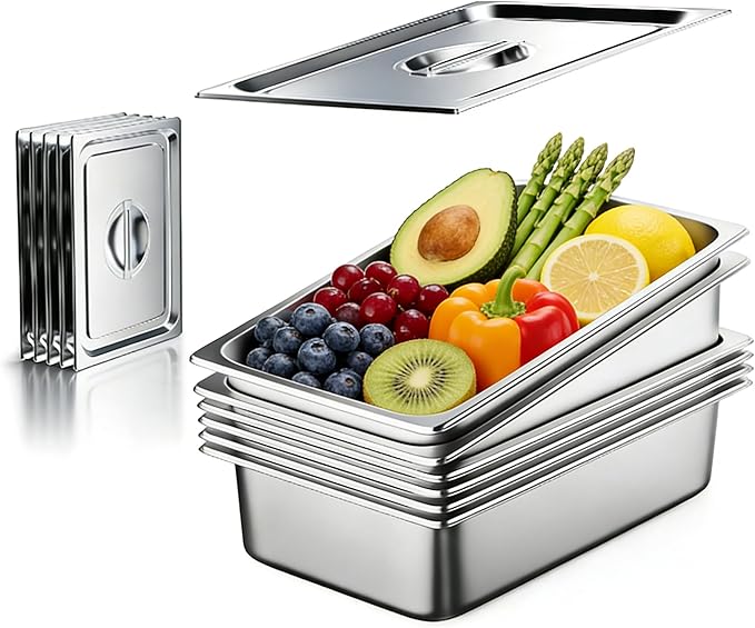 Dyna-Living 6 Pack Hotel Pans Full Size 6 Inch Deep Stainless Steel Steam Table Pan with Lids Anti Jam Stackable Commercial Food Pans for Buffet Hotel Home Restaurant Party Catering Supplies