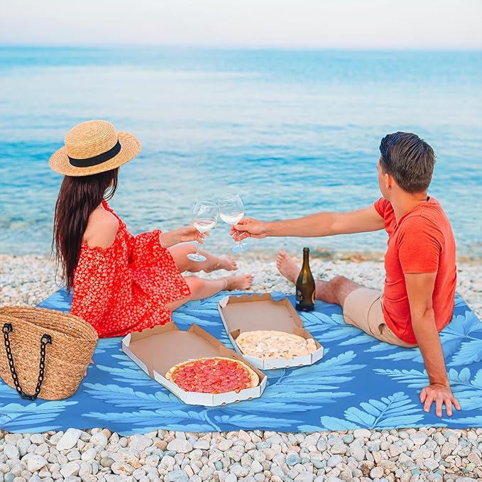 Waterproof Sandproof Beach Blanket 59''×68'' Ferns Leaves Polyester Outdoor Picnic Blanket with 4 Stakes &amp Storage Bag for BeachCampingVacation Blue