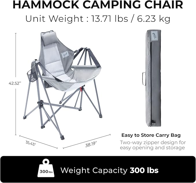 Portable Swing Hammock Chair | Foldable Recliner Rocking Lounger with Headrest &amp Drink Holder | Outdoor Sports Beach Lawn Hunting Tailgating Fishing | Supports 300Lbs (Grey)