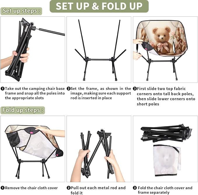 Bear Pattern Camping Chair Lightweight Portable Chairs for Adults Easy Installation Outdoor Foldable Camping Chair for Camping Fishing Hiking Picnic Beach