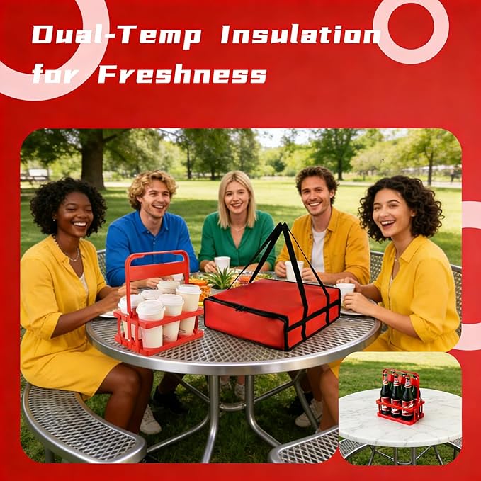 Insulated Pizza Bags for Delivery Doordash (20“x20”x6) &amp 6-Cup Drink Carrier with Handle for DeliveryHot/Cold Insulation for Food