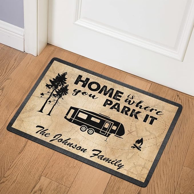 Personalized Campsite Doormat - Home is Where You Park It - Custom Family Name Camping Door Mat RV Accessories for Inside Outside Funny Campsite Rugs Decorations for Travel Trailers 16 x 24 inches