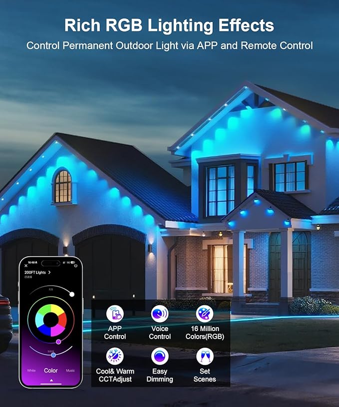 Fussion 200ft Permanent Outdoor Lights for House 2025 Smart RGB LED Outside Lights with APP Remote Control IP67 Waterproof Eternity Eaves Lighting for Christmas Halloween Holiday Party Daily