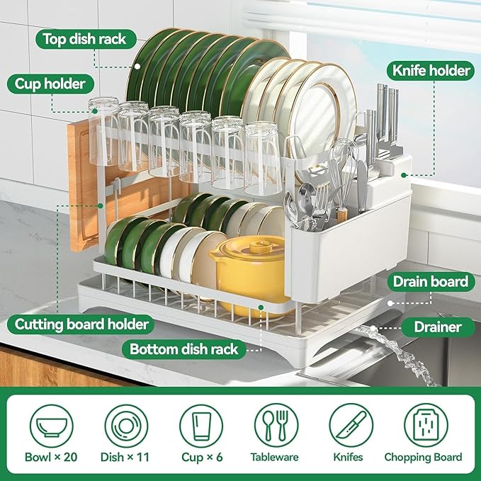 BCWW 2-Tier Dish Racks for Kitchen Counter Multifunctional Dish Drying Rack Large Capacity Metal Kitchen Dishes Drying Rack Plate Organizer for Bowls/Cups/Bottles (White)