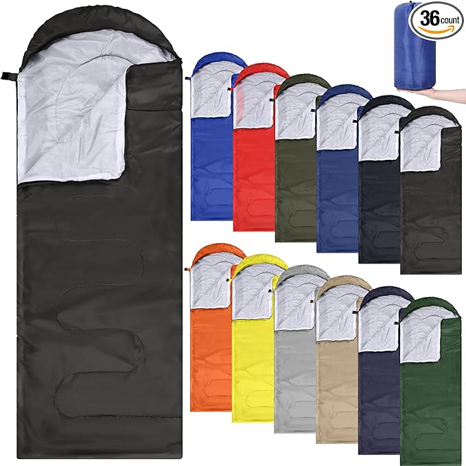 Junkin 12/36 Pcs Camping Sleeping Bag Bulk for Adults Homeless 4 Season Cold Warm Weather Sleeping Bags Waterproof Lightweight with Compression Sack for Hiking Travel Outdoor