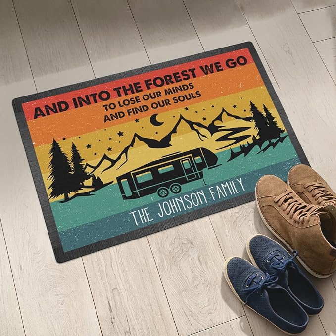 Personalized Into The Forest We Go to Lose Our Minds Find Souls Doormat - Family Name Camping Door Mat RV Accessories for Inside Outside Travel Trailers Funny Campsite Decorations 16 x 24 inches