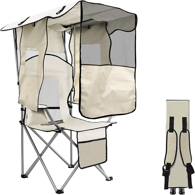 Beach Chair with Canopy Shade Folding Camping Chair Support to 330LBS Outdoor Chair with Cup Holder &amp Cooler Bag for Travel Hiking