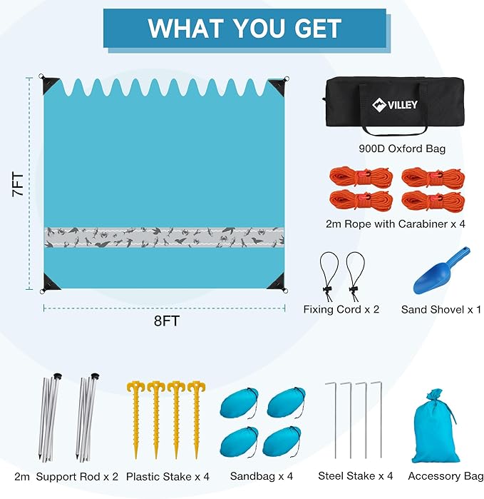 VILLEY Beach Tent Sun Shelter with UPF50+ Protection for 5 Person 8x7FT Portable Sun Shade with 2 Stability Poles and 4 Sandbags Outdoor Beach Canopy for Camping Picnics Fishing Outdoors(Blue)