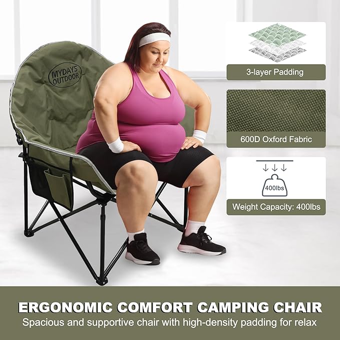 Oversized Camping Chair Portable Folding Moon Chair with Side Pocket Heavy Duty Outdoor Chair for Camping 400lbs Support (Green)
