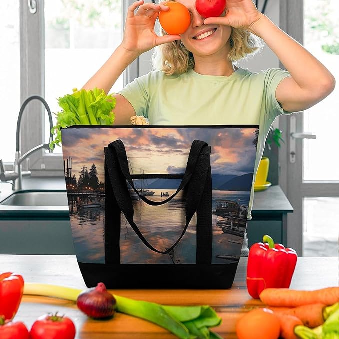 Insulated Shopping BagLarge Reusable Cooler Bags Evening in Vancouver Printed Foldable Shopping BagTravel Waterproof Shoulder Bag