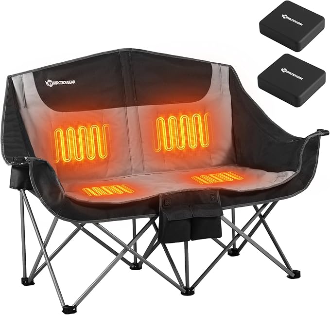 ANTARCTICA GEAR Heated Double Camping Chair 2-Person Folding Chair with 12V 16000mAh Battery Pack Heated Portable Loveseat Chair for Outdoor