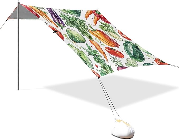 Watercolor Vegetables Beach Tent Sun Shelter 9.2' x 10.5' Beach Canopy with 4 Sandbags 4 Stability Poles Sand Shovels - Tent Canopy for Beach Camping Fishing Picnics