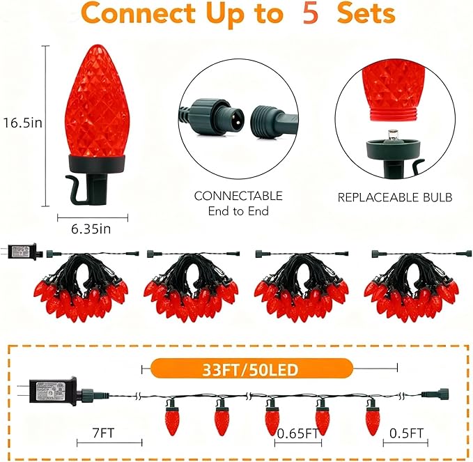 C9 LED Christmas Lights Outdoor33 Feet 50 LED 8 Lighting Modes Waterproof Connectable Christmas String Lights for Outside Roofline Patio Home Xmas Decorations (Red)