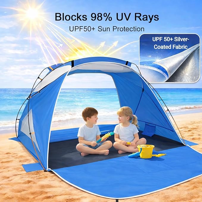 Beach Tent Sun Shelter with UPF 50+ UV Protection Dual Door Design for Better Ventilation Easy Setup Portable Beach Shade Canopy with Carrying Bag for Beach Camping Fishing and Outdoor Travel