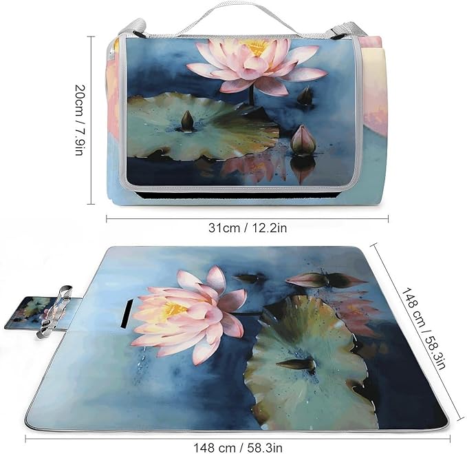 Lotus Flower Painting Beach BlanketPortable Waterproof Picnic Blanket58.3''x 58.3'' Extra Large Picnic Mat for BeachCamping Grass Lawn Park Accessorie for Festival BBQ