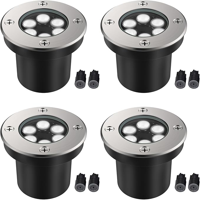 JESLED Low Voltage Landscape Lights 6W LED Well Lights IP67 Waterproof 6000K Bright White In-Ground Lights with Wire Connectors for Pathway Deck Patio Yard Garden (4 Pack)
