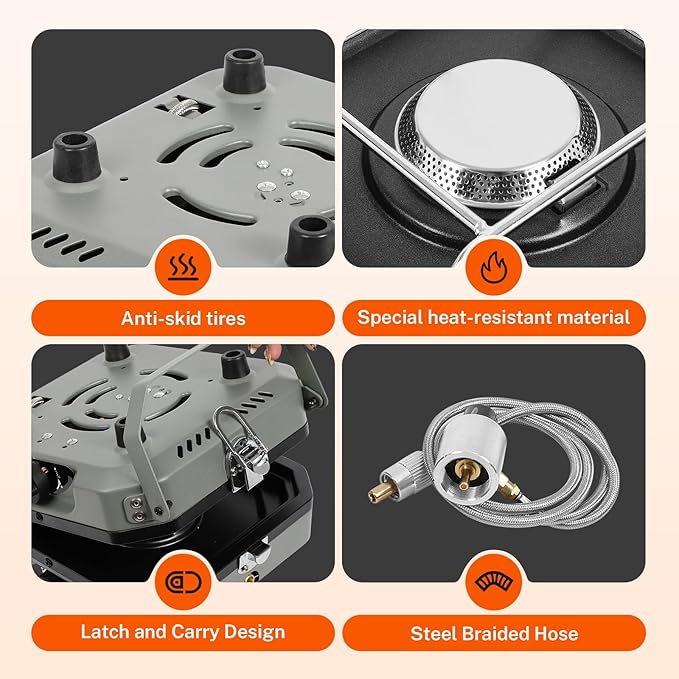2 Burner Propane Camping Stove With GrillPortable Foldable Camp Stove With 17000BTU Two Piezo Ignition Adjustable Windproof Burners forCamping Grilling Tailgating &amp More (Green)